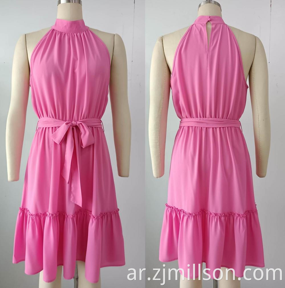 Woven Pink Sleeveless Belt Ruffles Dress